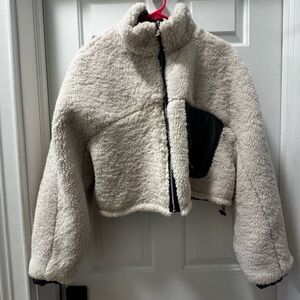 Y2K Cream Sherpa Zip-Up Jacket with Faux Leather
